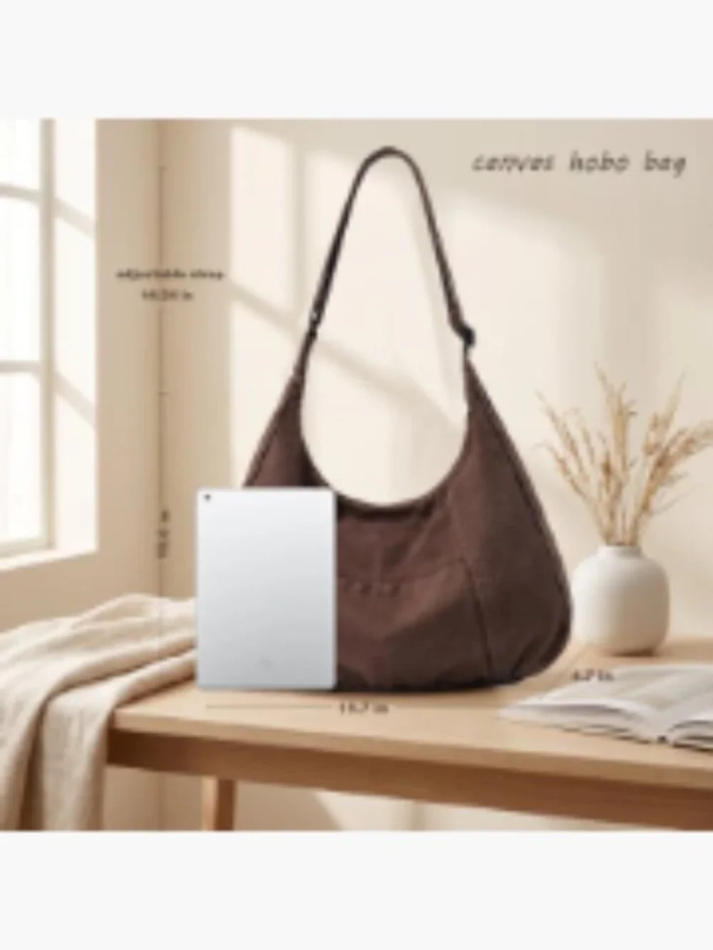 Canvas Hobo Crossbody Tote Bag with Zipper, Adjustable Strap, Fits 13-14